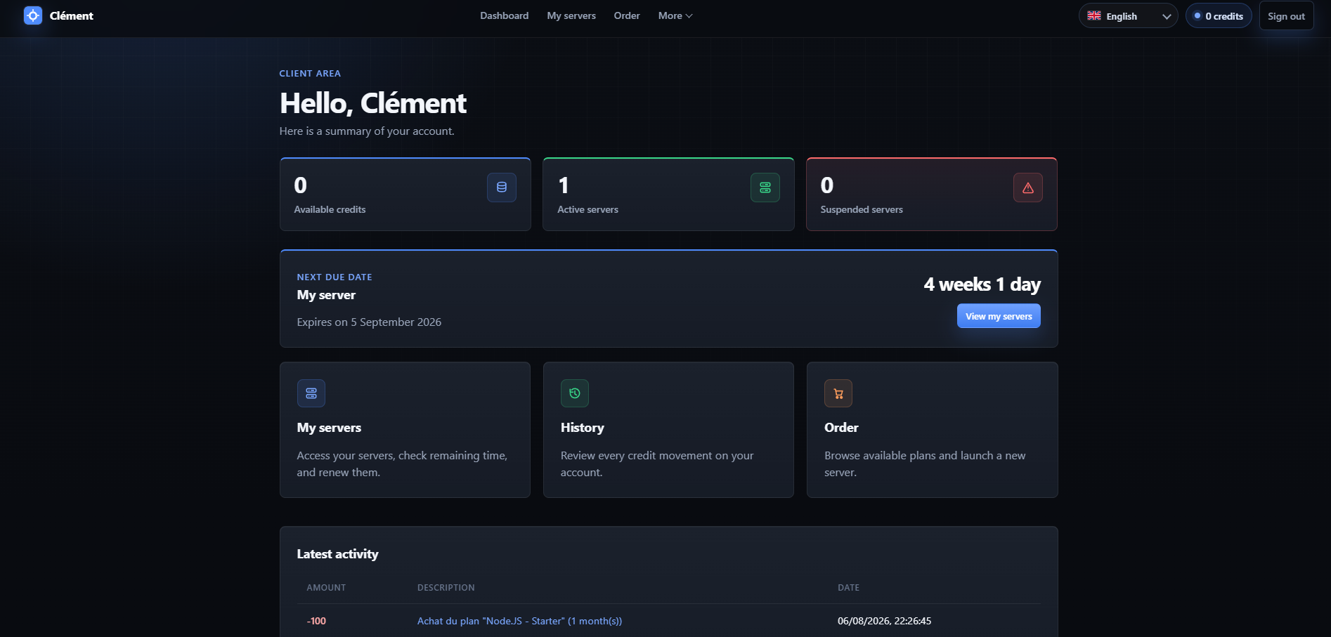 Preview of the Easy Pterodactyl Credits client area