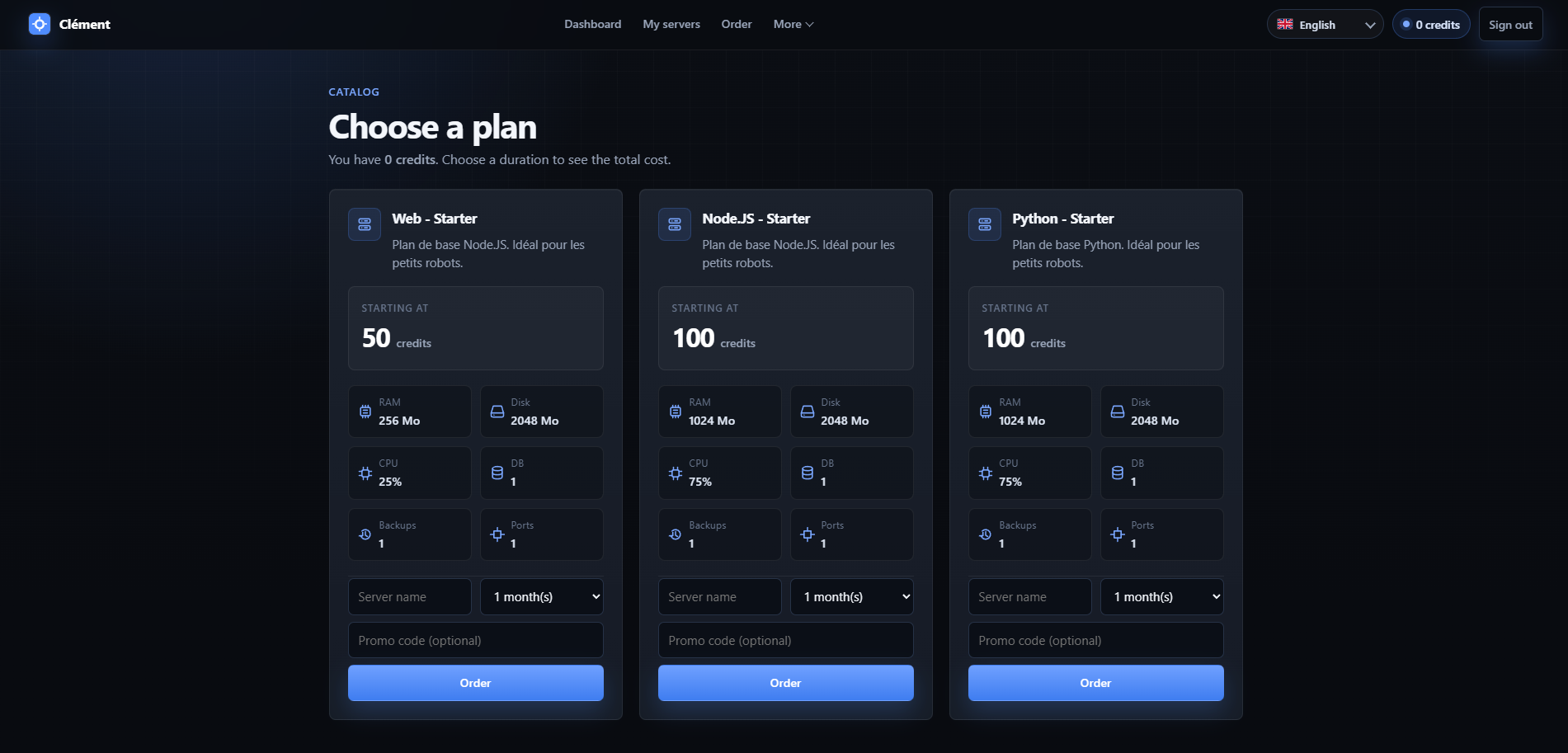 Order page with available plans